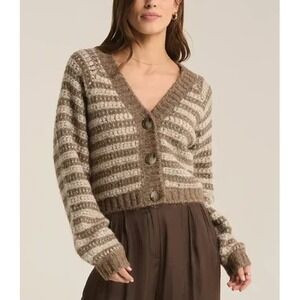 Z Supply Este Metallic Stripe Cardigan Women L Brown Preppy Academia Classic NWT